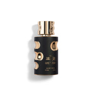 Black and gold perfume bottle with 'Rumz Al Asad' branding on a white background and a product of shaikh saeed perfumes
