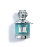 Perfume bottle with lion emblem on a white background
